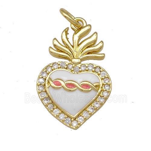 Copper Heart Pendant Micro Pave Zirconia White Enamel Gold Plated