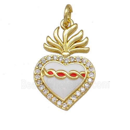 Copper Heart Pendant Micro Pave Zirconia White Enamel Gold Plated