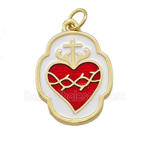 Copper Heart Pendant Red White Enamel Gold Plated
