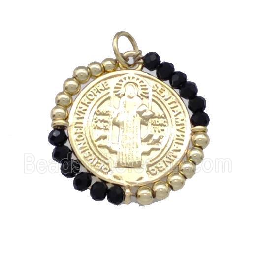 Jesus Charms Copper Circle Pendant With Black Crystal Glass Wrapped Gold Plated
