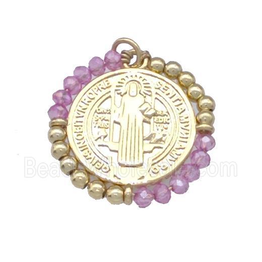 Jesus Charms Copper Circle Pendant With Lilac Crystal Glass Wrapped Gold Plated