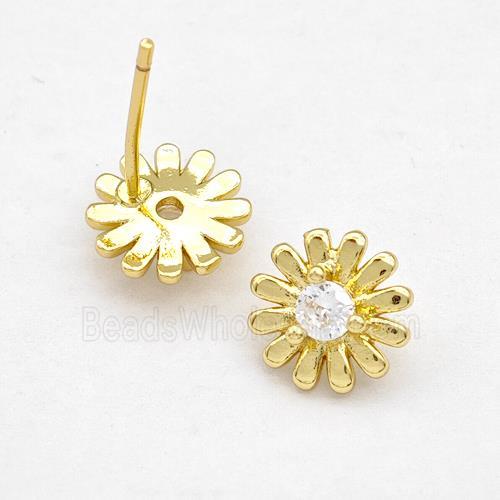 Copper Daisy Stud Earring Pave Zirconia Flower Gold Plated