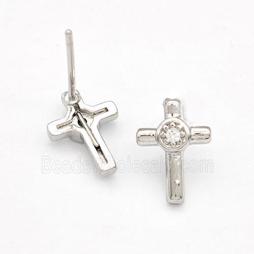 Copper Cross Stud Earrings Pave Zirconia Platinum Plated