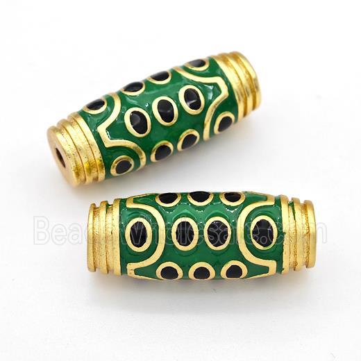 Tibetan Style Copper Barrel Beads Eye Green Enamel Gold Plated