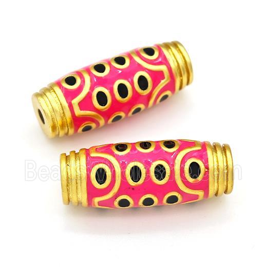 Tibetan Style Copper Barrel Beads Eye Pink Enamel Gold Plated