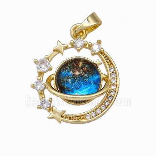 Copper Planet Moon Pendant Pave Zirconia Gold Plated