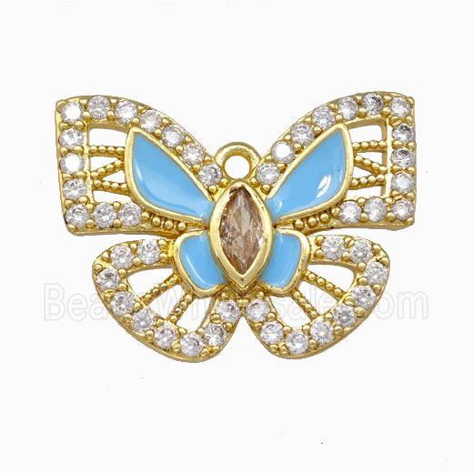 Copper Butterfly Pendant Pave Zirconia Blue Enamel Gold Plated