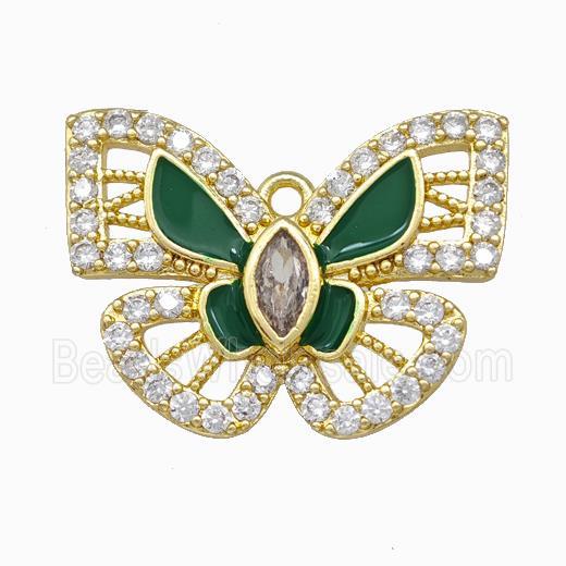 Copper Butterfly Pendant Pave Zirconia Green Enamel Gold Plated