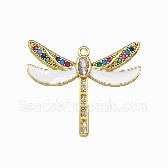 Copper Dragonfly Pendant Pave Zirconia White Enamel Gold Plated