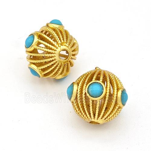 Copper Round Beads Pave Blue Jade Hollow Gold Plated