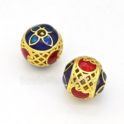 Copper Round Beads Multicolor Painted Hollow Gold Plated