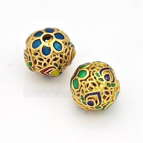 Copper Round Beads Multicolor Painted Hollow Gold Plated