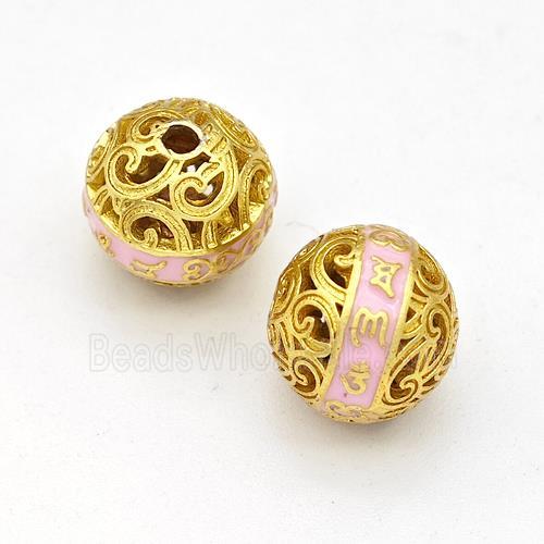 Copper Round Beads Pink Painted Buddhist Hollow Gold Plated
