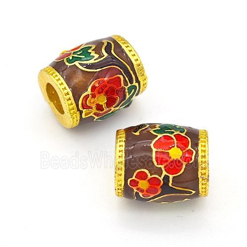 Copper Barrel Beads Multicolor Painted Flower Large Hole Gold Plated