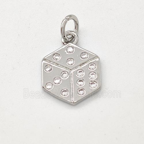 Copper Hexagon Pendant Micro Pave Zirconia Dice Platinum Plated