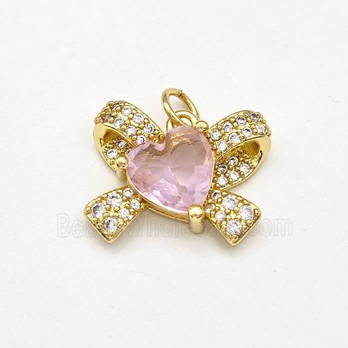 Copper Bow Pendant Pave Crystal Glass Heart Gold Plated