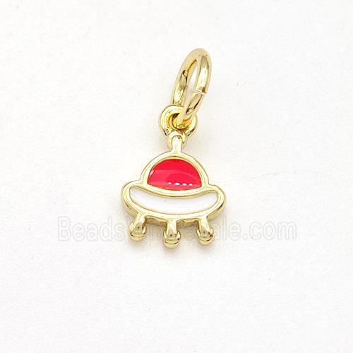 Copper Spacership Pendant Red White Enamel Gold Plated