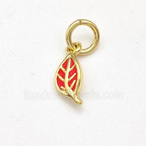 Copper Leaf Pendant Red Enamel Gold Plated