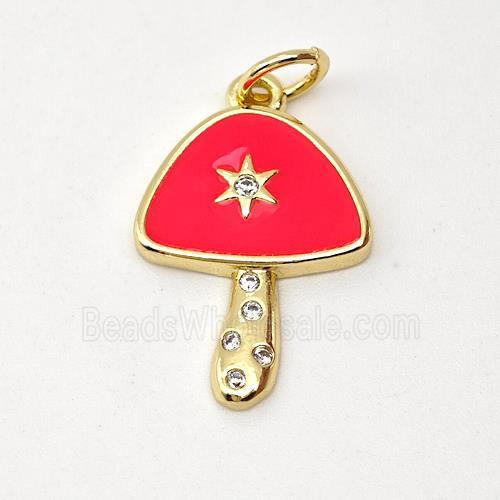 Copper Mushroom Pendant Pave Zirconia Red Enamel Star Gold Plated