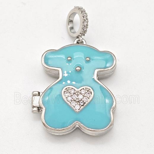 Copper Bear Locket Pendant Pave Zirconia Heart Teal Enamel Platinum Plated