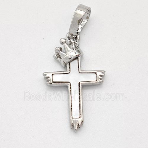 Copper Cross Pendant Pave Shell Crown Platinum Plated
