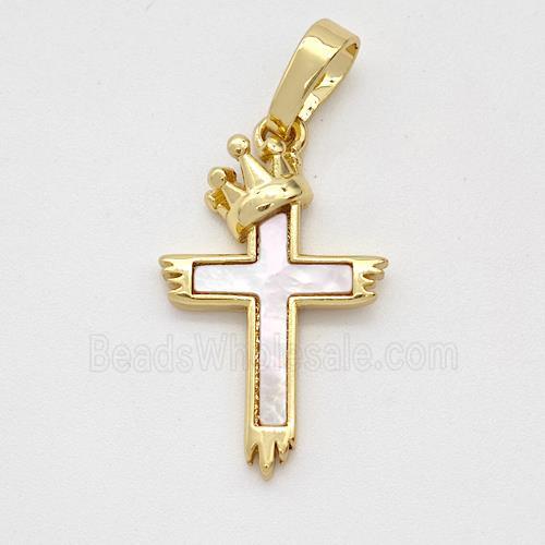 Copper Cross Pendant Pave Shell Crown Gold Plated