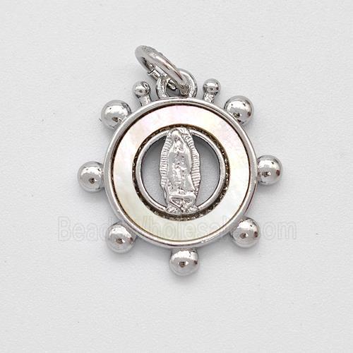 Virgin Mary Charms Copper Circle Pendant Pave Shell Platinum Plated