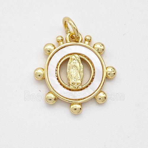 Virgin Mary Charms Copper Circle Pendant Pave Shell Gold Plated