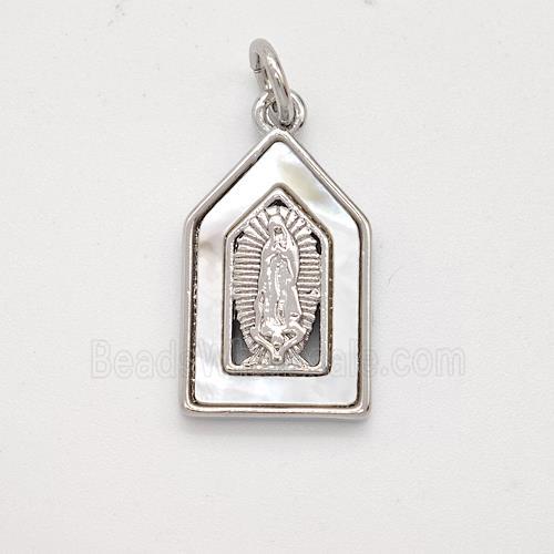 Virgin Mary Charms Copper Pendant Pave Shell Platinum Plated