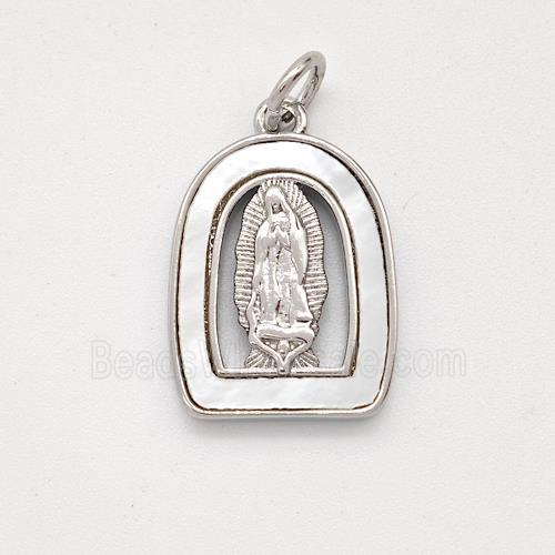 Virgin Mary Charms Copper Pendant Pave Shell Platinum Plated