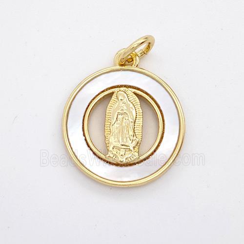 Virgin Mary Charms Copper Pendant Pave Shell Gold Plated