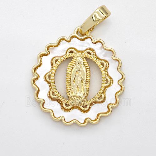 Virgin Mary Charms Copper Pendant Pave Shell Gold Plated