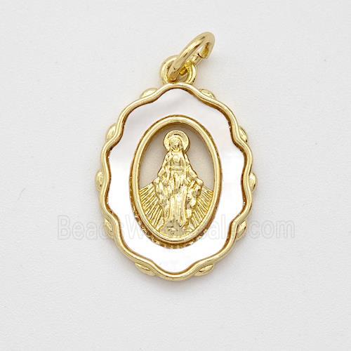 Virgin Mary Charms Copper Pendant Pave Shell Gold Plated