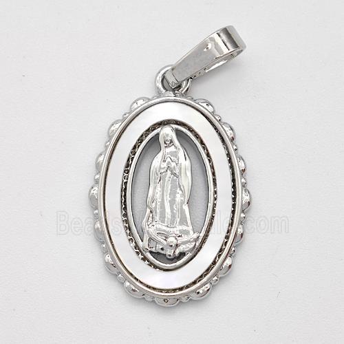 Virgin Mary Charms Copper Pendant Pave Shell Platinum Plated
