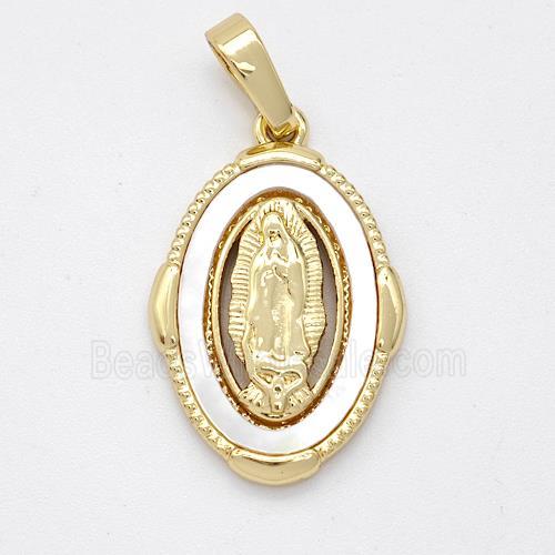 Virgin Mary Charms Copper Pendant Pave Shell Gold Plated