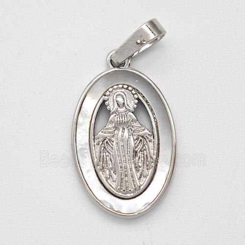 Virgin Mary Charms Copper Pendant Pave Shell Platinum Plated