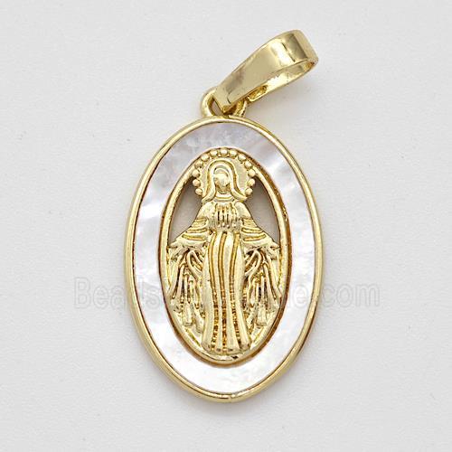 Virgin Mary Charms Copper Pendant Pave Shell Gold Plated