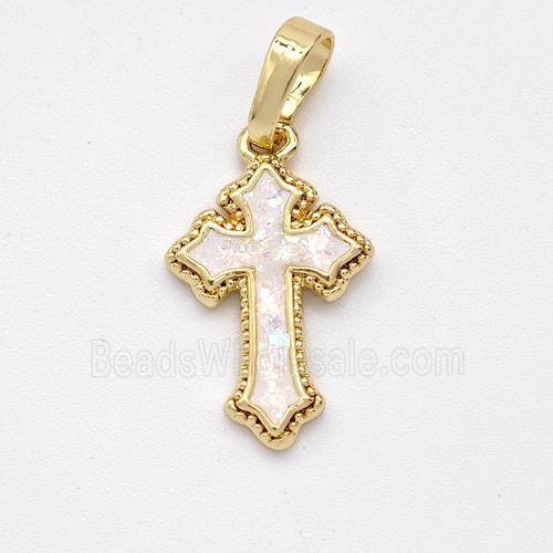 Copper Cross Pendant Pave White Fire Opal 18K Gold Plated