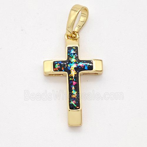 Copper Cross Pendant Pave Black Fire Opal 18K Gold Plated