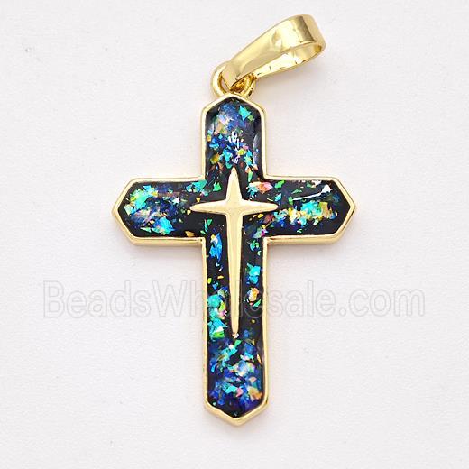 Copper Cross Pendant Pave Black Fire Opal 18K Gold Plated