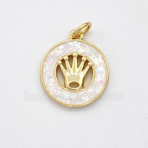 Copper Crown Pendant Pave White Fire Opal Circle 18K Gold Plated