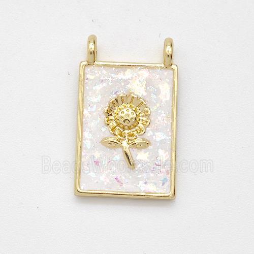 Copper Sunflower Pendant Pave White Fire Opal Rectangle 2loops 18K Gold Plated