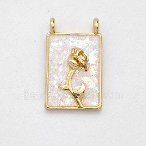 Copper Flower Pendant Pave White Fire Opal Rectangle 2loops 18K Gold Plated