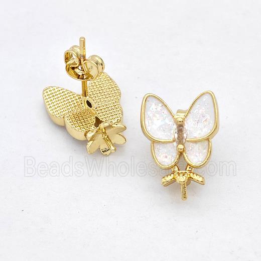 Copper Butterfly Stud Earrings Pave White Fire Opal 18K Gold Plated