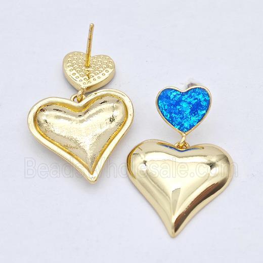 Copper Heart Stud Earrings Pave Blue Fire Opal 18K Gold Plated