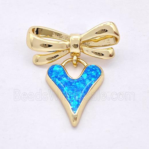 Copper Heart Stud Earrings Pave Blue Fire Opal Bow 18K Gold Plated