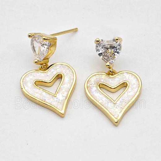 Copper Heart Stud Earrings Pave White Fire Opal 18K Gold Plated