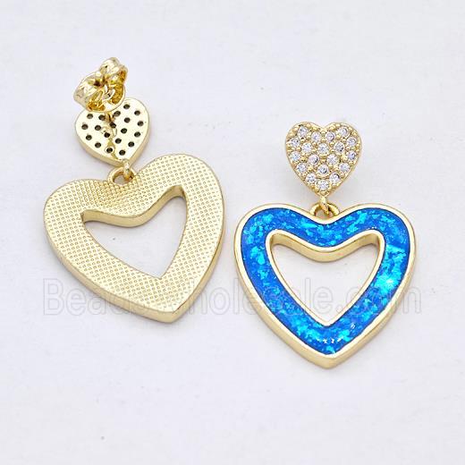 Copper Heart Stud Earrings Pave Blue Fire Opal Zirconia 18K Gold Plated