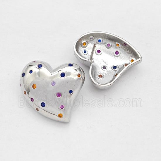 Copper Heart Stud Earring Micro Pave Zirconia Platinum Plated