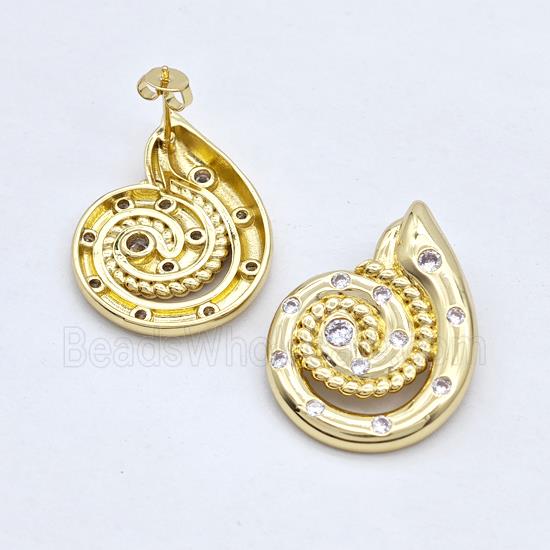 Copper Stud Earrings Micro Pave Zirconia Nautilus Shell Gold Plated